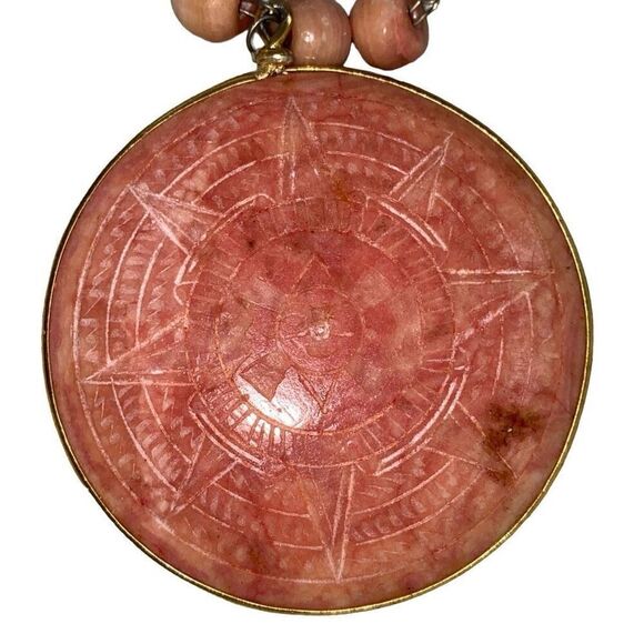 Vintage Pink Alabaster Natural Gemstone Necklace Mayan Sun Calendar Hand Carved - Picture 4 of 6